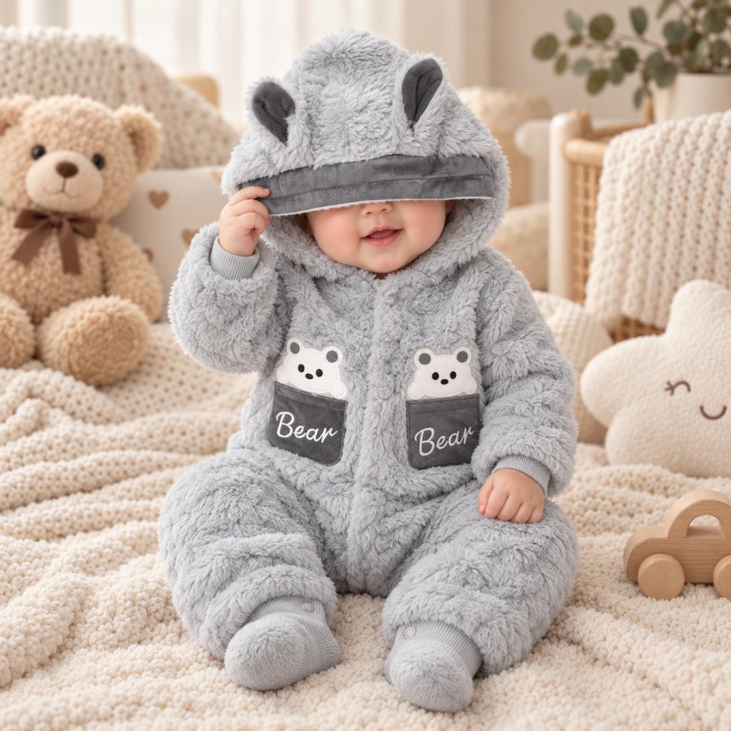 CN821 Winter Shaggy Fur Hooded Romper