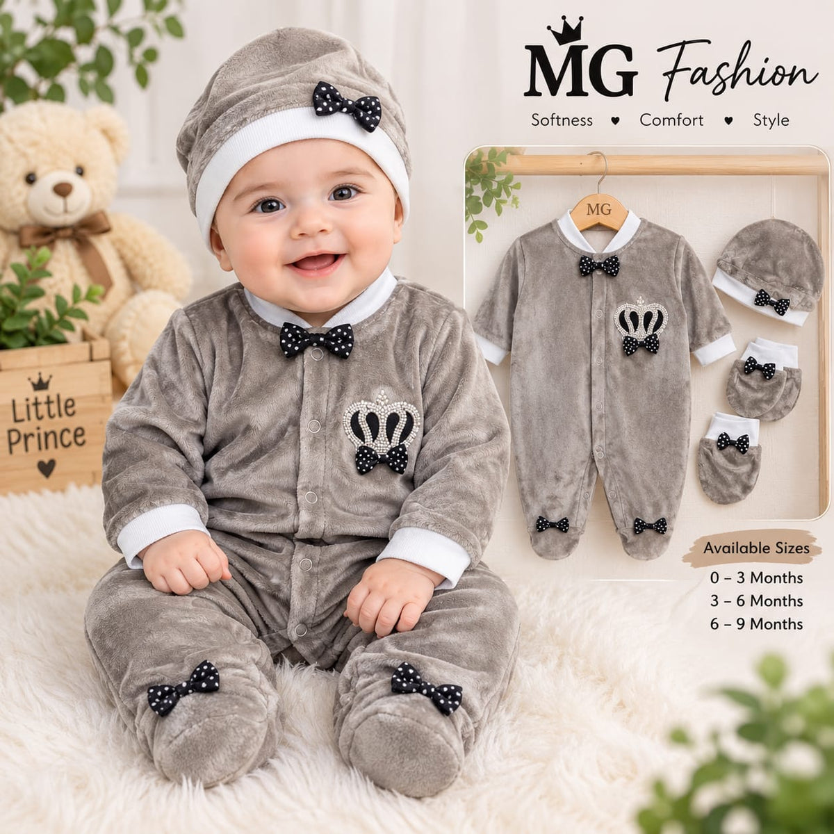 CN820 Winter Velvet Prince Princess Romper with Cap & Mittens