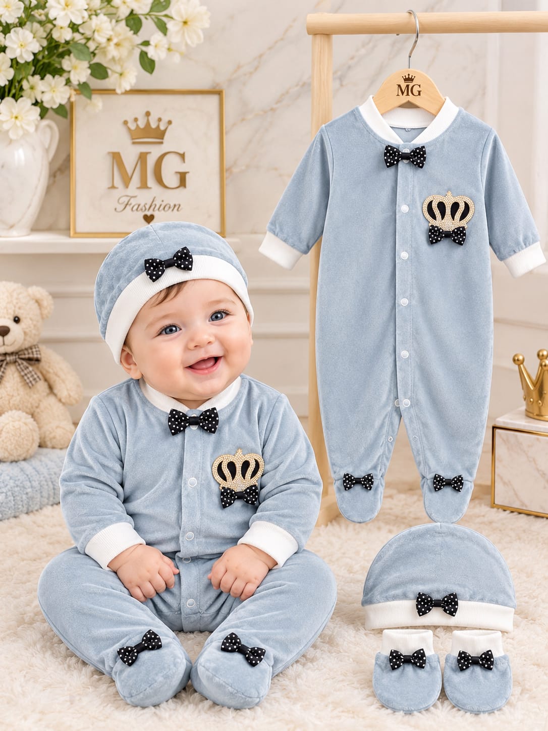 CN817 Winter Velvet Prince Princess Romper with Mittens