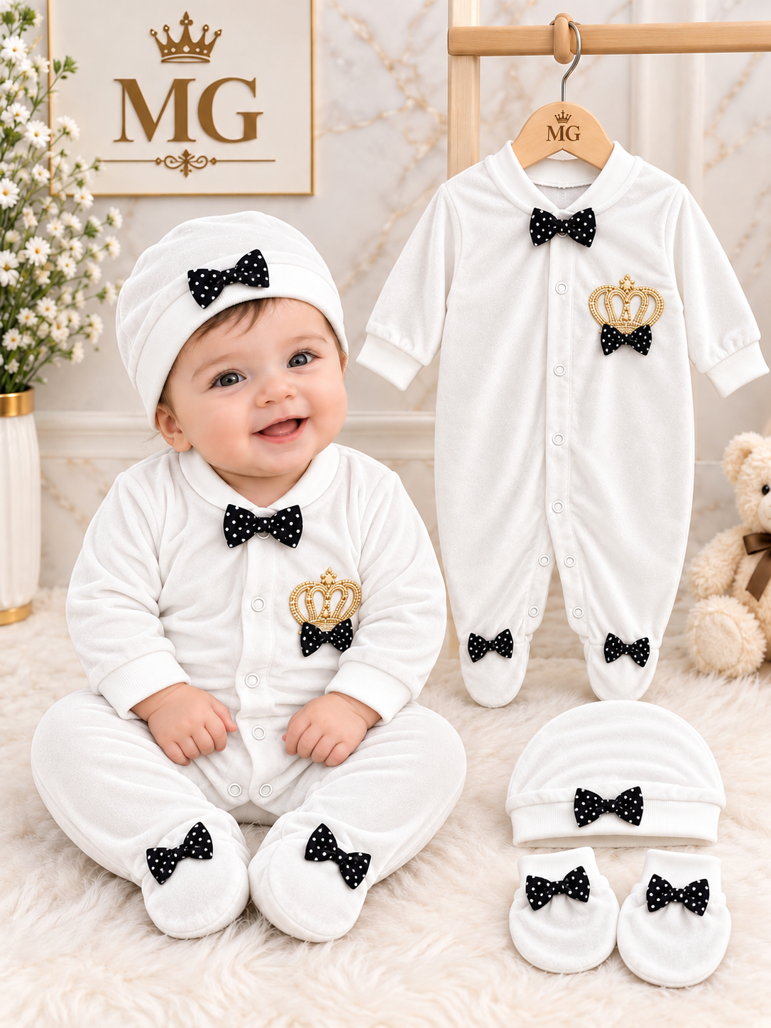 CN83 Winter Velvet Prince Princess Romper with Cap & Mittens