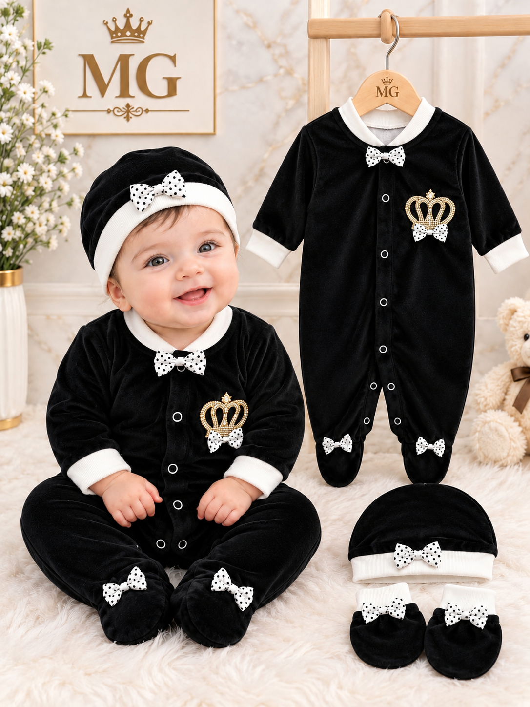 CN82 Winter Velvet Prince Princess Romper with Cap & Mittens