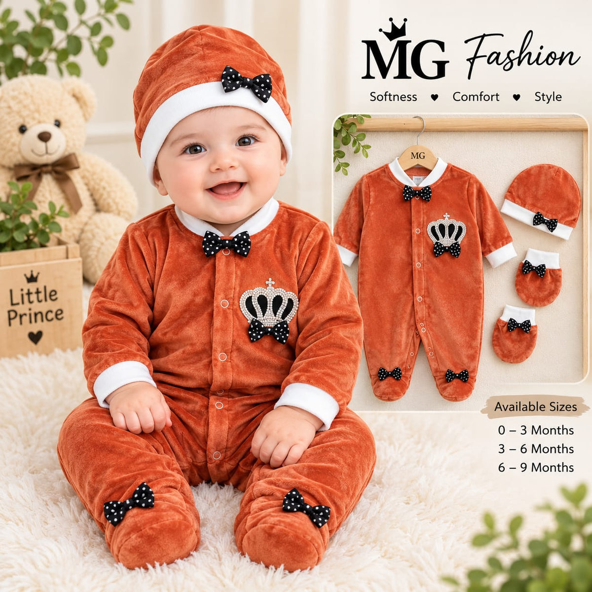 CN821 Winter Velvet Prince Princess Romper with Cap & Mittens