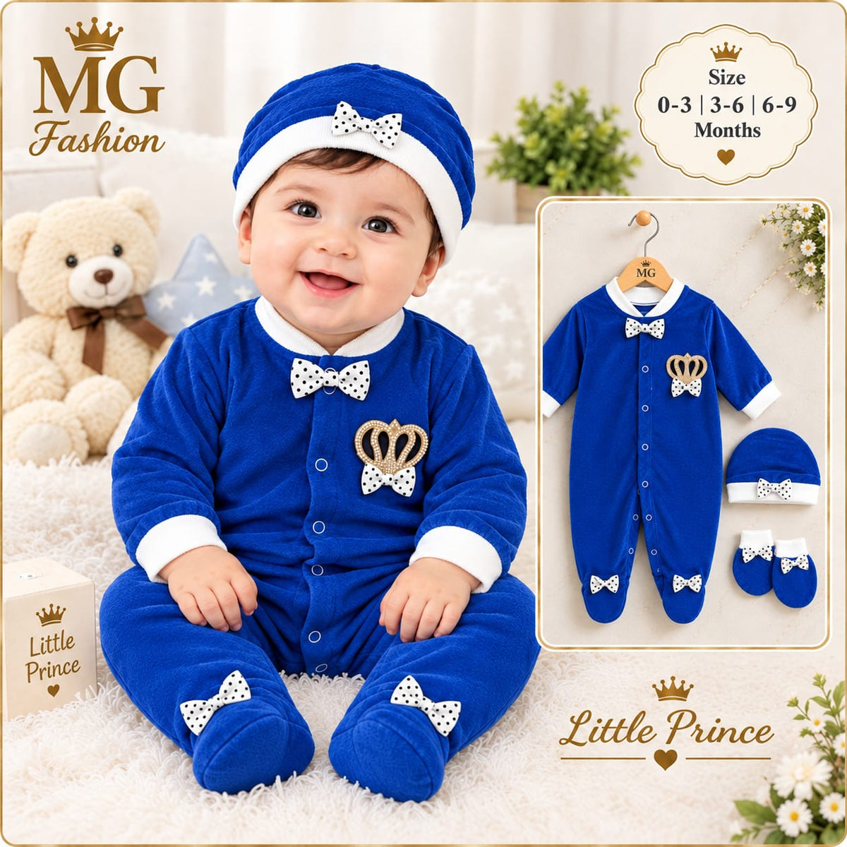 CN819 Winter Velvet Prince Princess Romper with Cap & Mittens