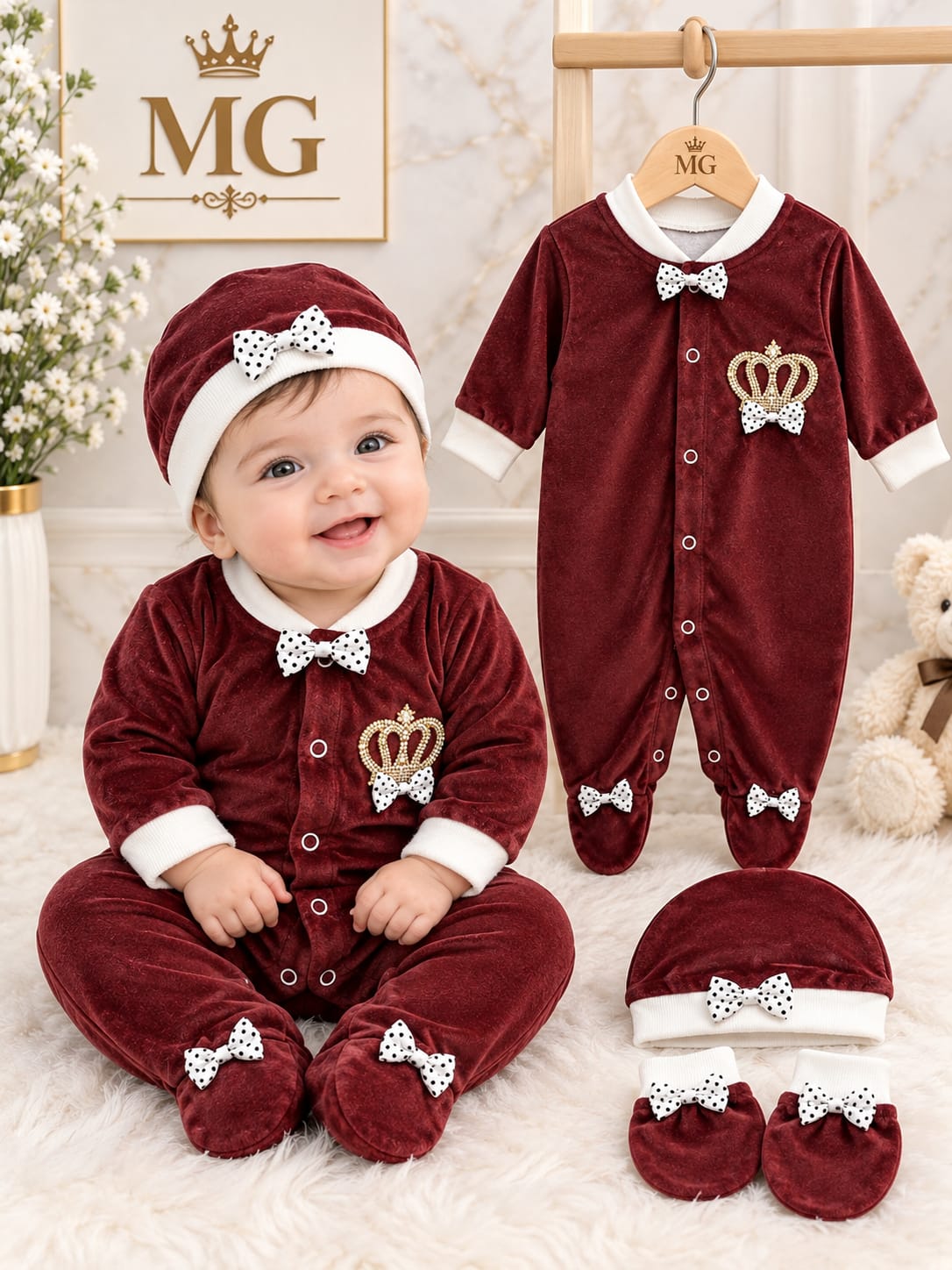 CN818 Winter Velvet Prince Princess Romper with Cap & Mittens